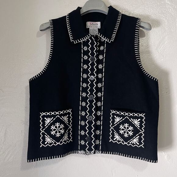TALBOTS VTG Florals Snowflake Embroidered Wool Vest in Black White Size PS - Picture 2 of 13